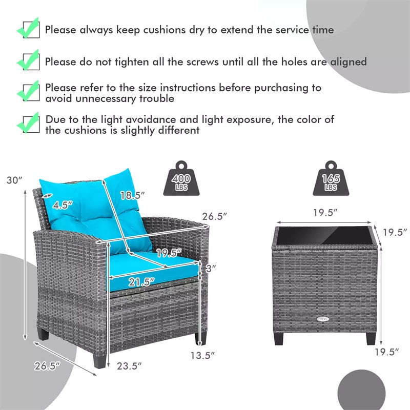 3PCS Patio Rattan Furniture Set Outdoor Conversation Set Wicker Bistro Set with Cushioned Chairs & Tempered Glass Side Table