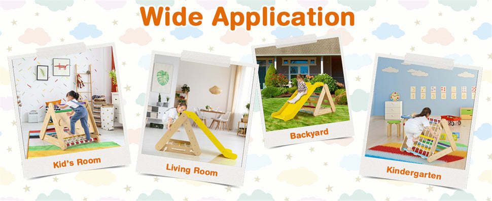 4-in-1 Pikler Triangle Climber Montessori Climbing Toys Wooden Climbing Triangle Ladder with Sliding Ramp, Climbing Net & Board