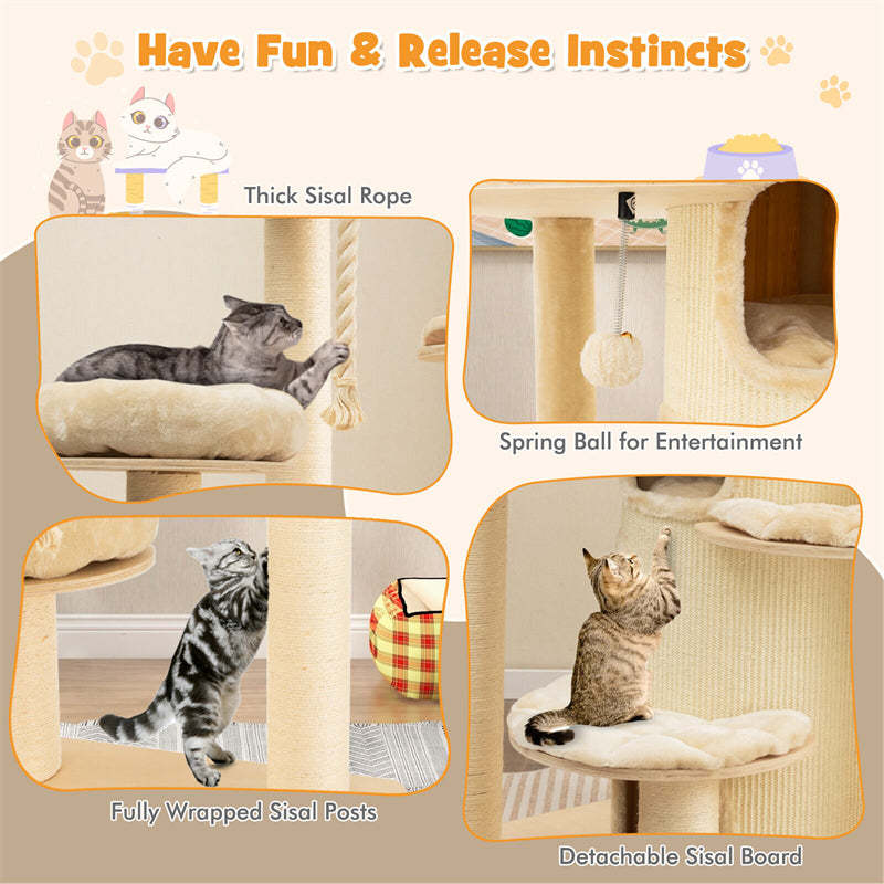 67" Tall Wooden Cat Tree Multi-Level Modern Large Cat Tower with 3-Story Cat Condo 2 Perches & Scratching Posts Spring Ball