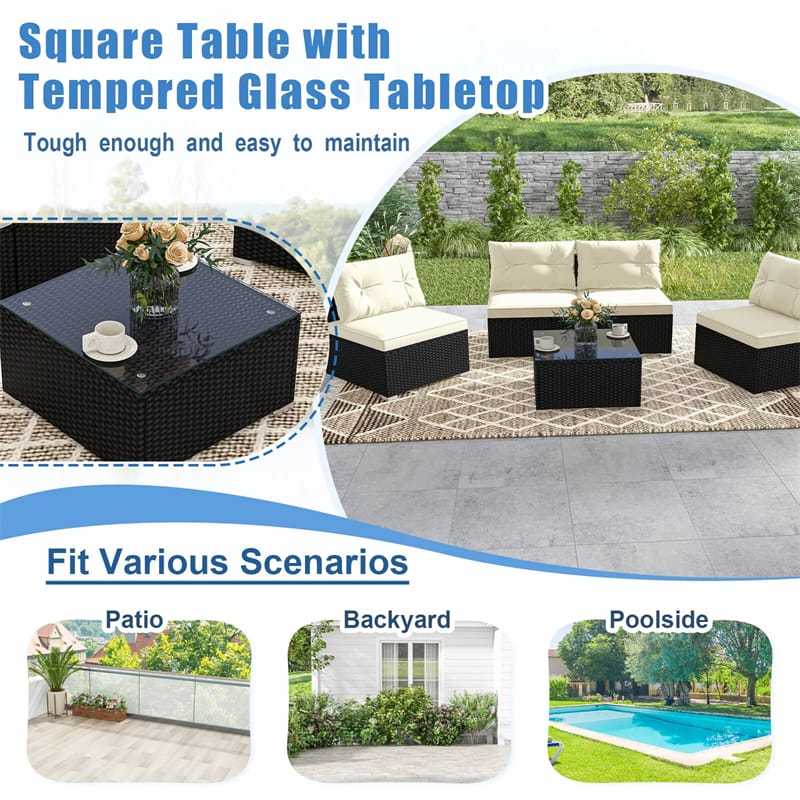 5-Piece Outdoor Rattan Sectional Sofa Set Wicker Patio Conversation Set with Tempered Glass Side Table, Seat & Back Cushions