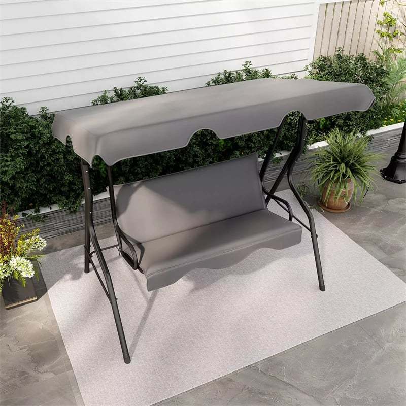 3-Seat Patio Swing with Adjustable Canopy & Removable Cushion, Powder-Coated Steel Frame Outdoor Porch Swing for Backyard, Garden, Balcony