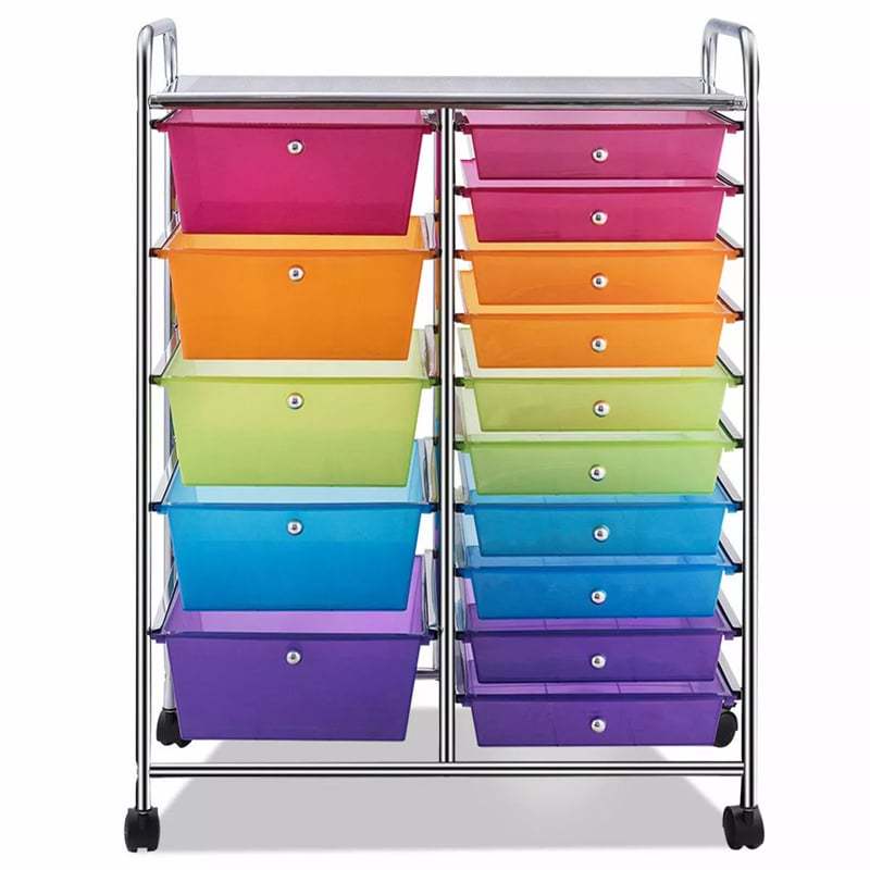15-Drawer Rolling Storage Cart, Art &  Craft Organizer with Wheels & Removable Drawers for Tools, Scrapbook Paper, Home Office School