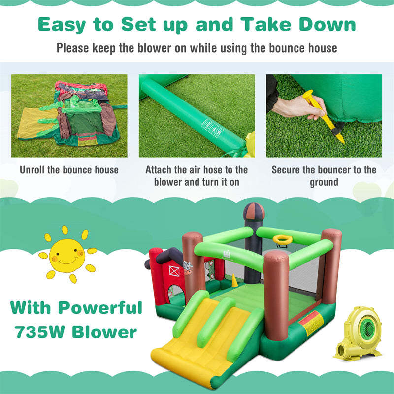 Farm Themed Inflatable Castle Indoor Outdoor Kids Bouncy House with Double Slides & 735W Air Blower