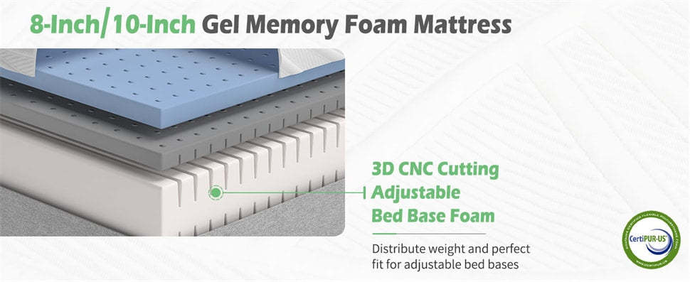 10" Twin XL Mattress for Adjustable Bed, 3D Transformable Cutting Foam Mattress with Cool Gel Infused & Bamboo Charcoal Memory Foam