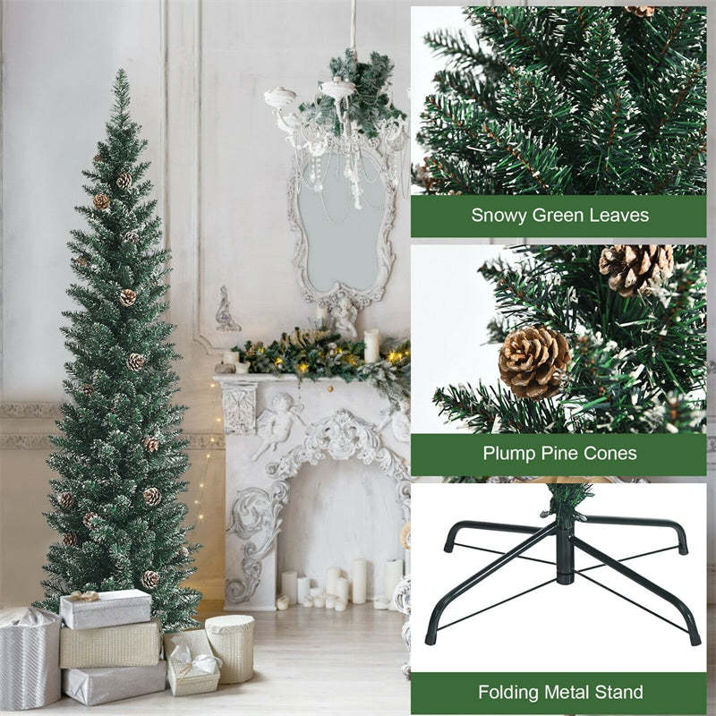 6ft Snow Flocked Slim Artificial Pencil Christmas Tree with Pine Cones Metal Stand