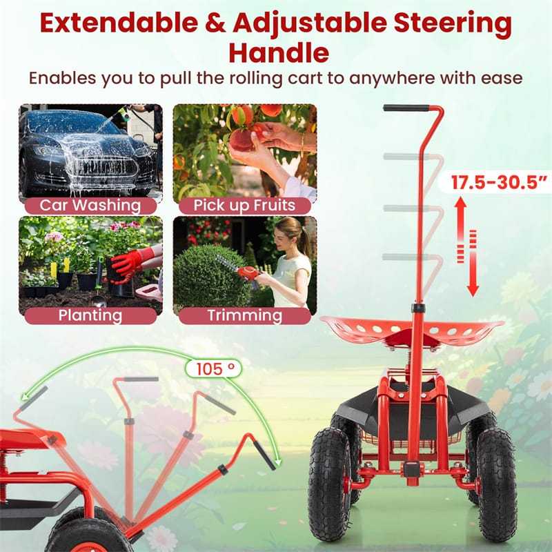 Rolling Garden Cart with 360° Swivel Seat, Extendable Hook Handle, Tool Tray, Storage Basket, Height Adjustable Gardening Workseat on Wheels