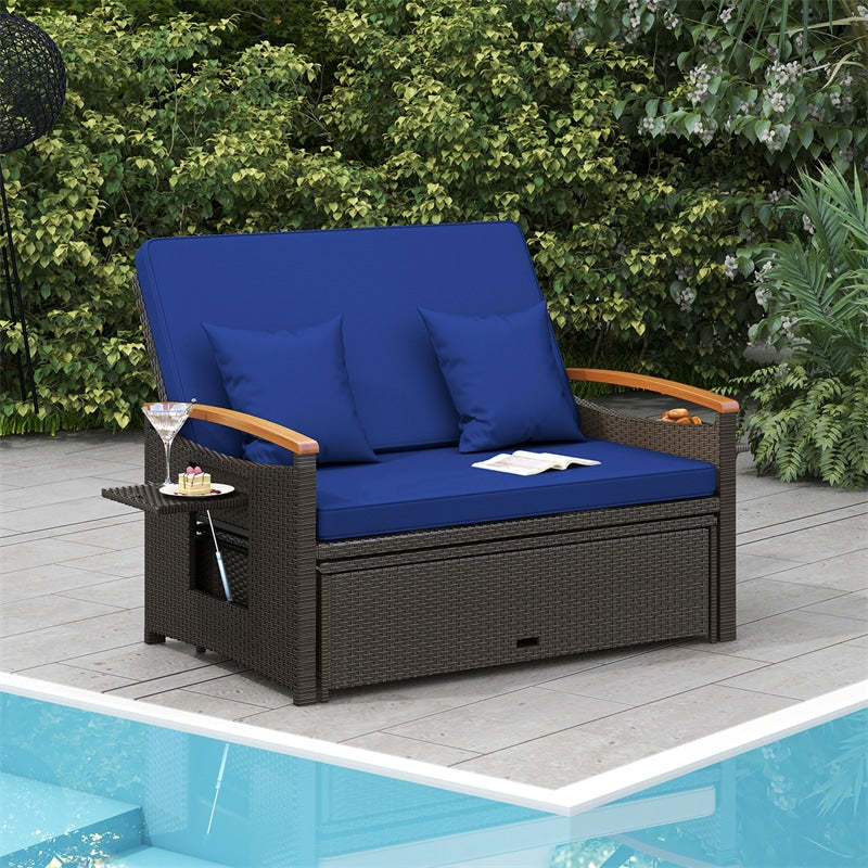 Patio Rattan Daybed Set with Cushioned Loveseat, Storage Ottoman, Retractable Side Tray, Backrest Adjustable Outdoor Double Chaise Lounge