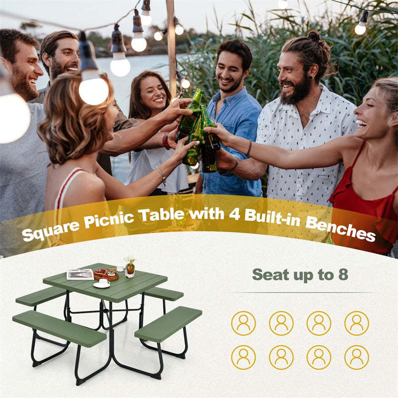 8-Person Picnic Table Set, Square Outdoor Table with 4 Built-in Benches, Umbrella Hole, HDPE Top, Metal Frame, 500LBS Capacity for Garden Patio