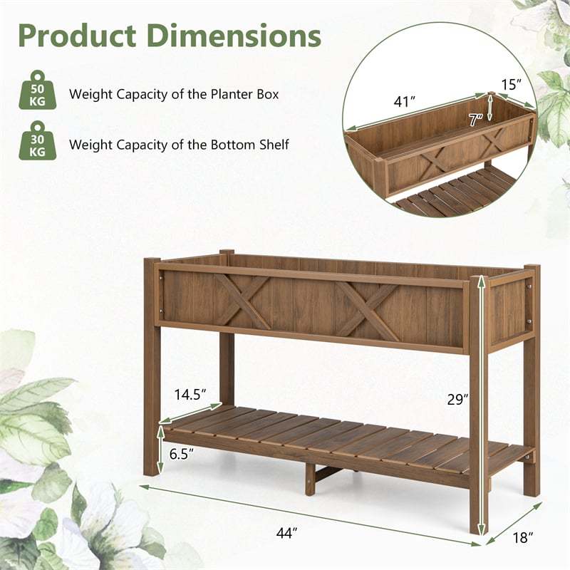 44" HIPS Raised Garden Bed with Legs, Storage Shelf & Drainage Holes, Weatherproof Elevated Planter Box for Backyard, Balcony, Flowers, Herbs