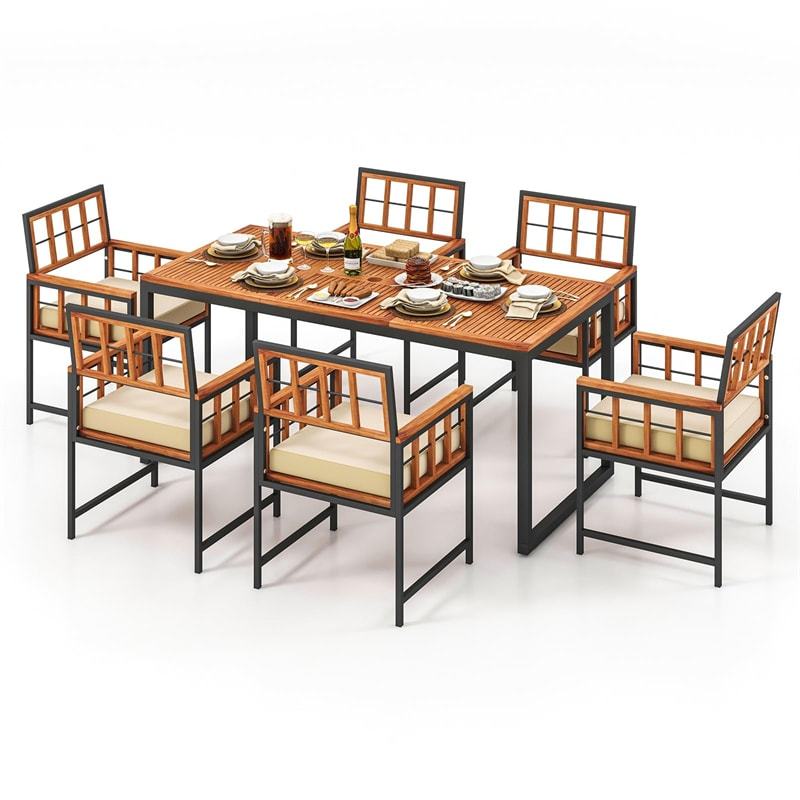 7 Pieces Patio Dining Set Outdoor Acacia Wood Dining Table Chairs with Soft Cushions & 1.96" Umbrella Hole for Garden Backyard