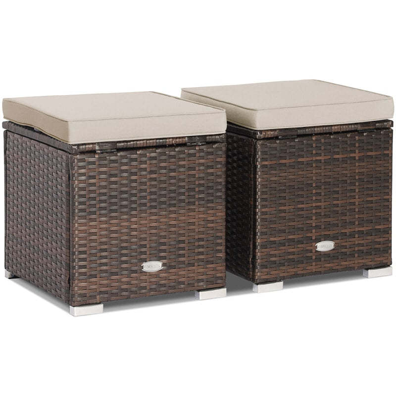 2PCS Wicker Patio Ottomans Hand-Woven PE Rattan Multipurpose Outdoor Footstool Side Table with Removable Cushions & Hidden Storage Box