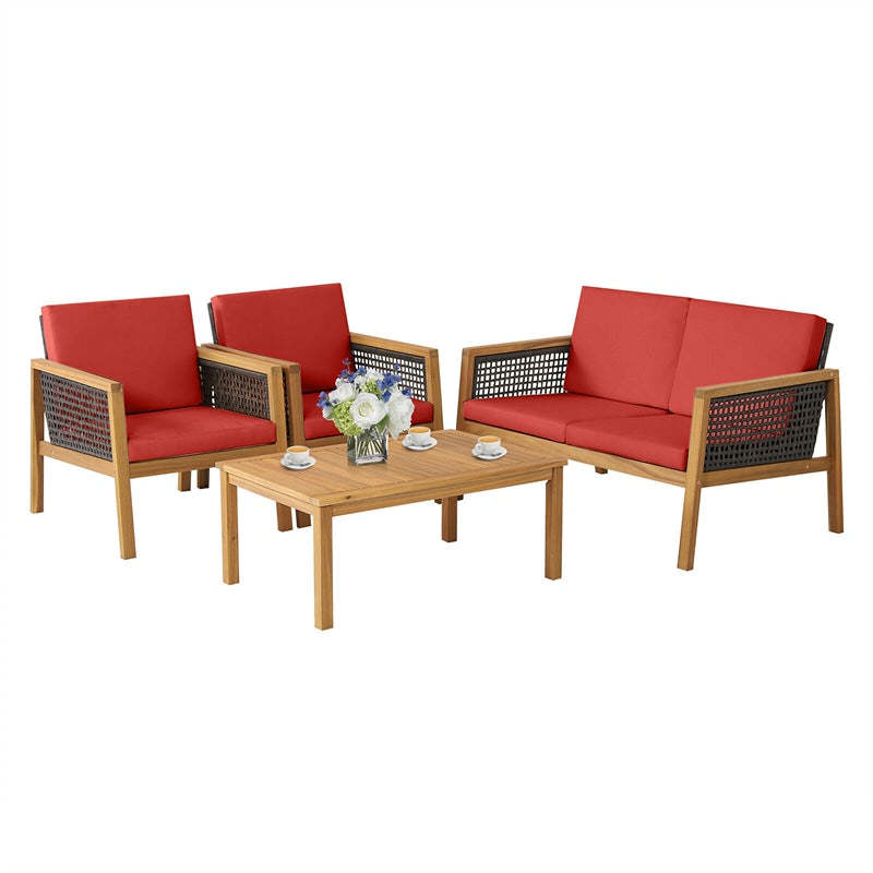 4-Piece Acacia Wood Outdoor Furniture Set, Rattan Patio Sofa with Cushions & Coffee Table, PE Wicker Conversation Set for Garden & Backyard