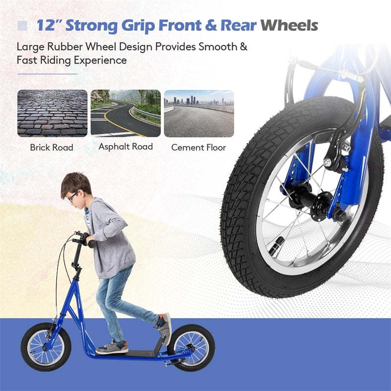 Kids Youth Kick Scooter Carbon Steel Frame w/ 12" Air-Filled Tires Adjustable Handlebar