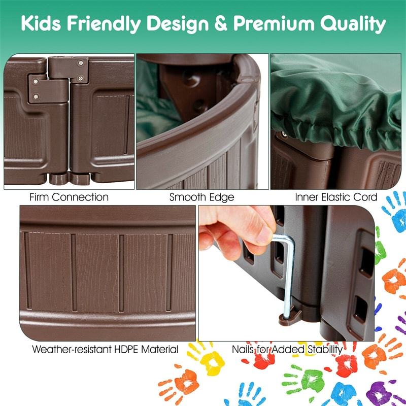Kids Outdoor Sandbox 4FT Round Sand Pit for Backyard Beach with Cover, 3 Built-in Seats & Bottom Liner, All-Weather HDPE Sandbox
