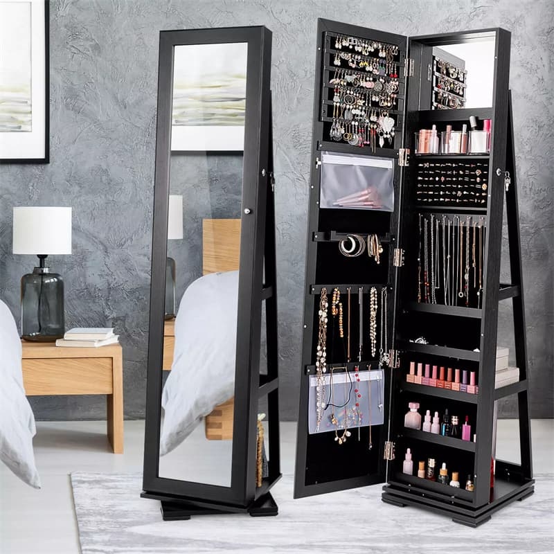 360° Swivel Jewelry Cabinet Armoire with Full Length Mirror & Rear Storage Shelves, Standing Lockable Jewelry Organizer Inside Makeup Mirror