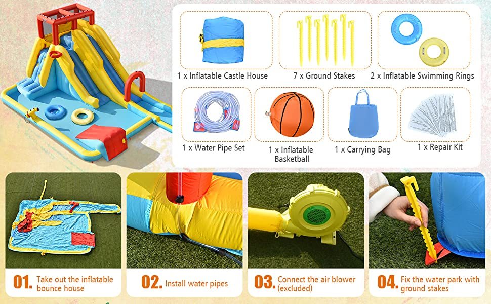 7 in 1 Kids Inflatable Double Long Water Slide Bouncer Park without Blower