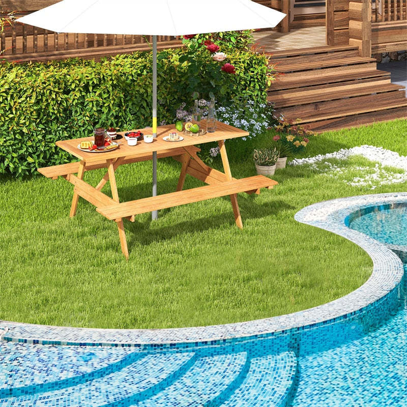 6 Person Hardwood Picnic Table Set Rectangle Patio Table with 2 Built-in Benches & 2” Umbrella Hole
