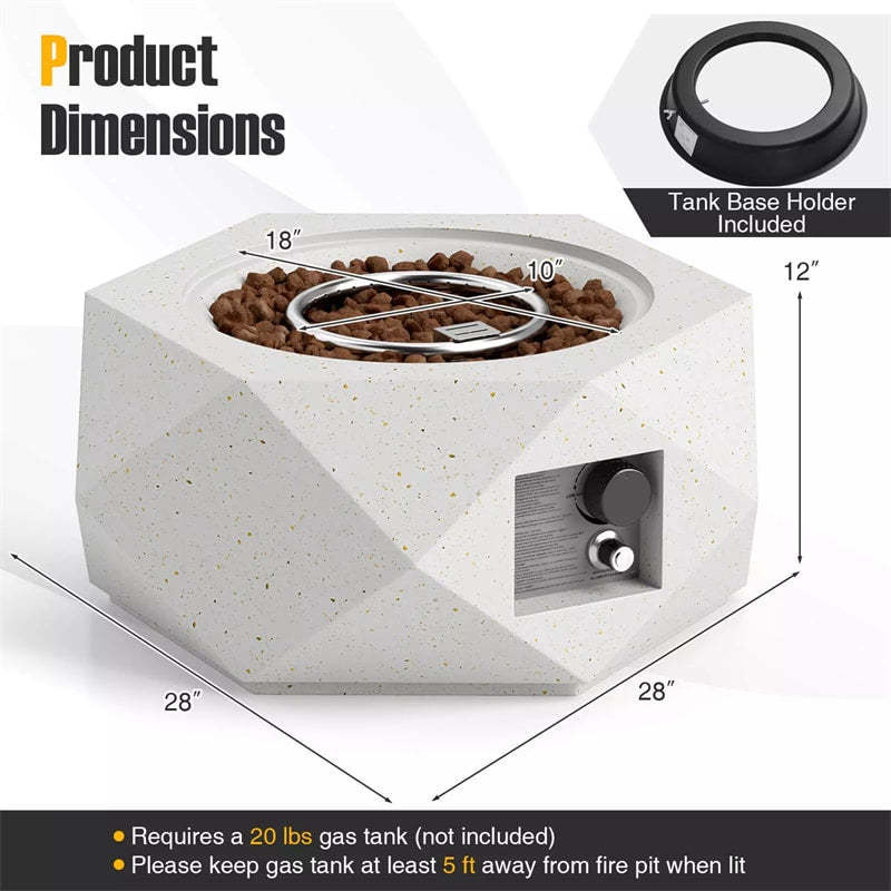 28" Propane Fire Pit Table, 40,000 BTU Hexagon Terrazzo Gas Fire Pit with Stainless Steel Burner, Lava Rocks, Protective Cover & Tank Seat for Patio