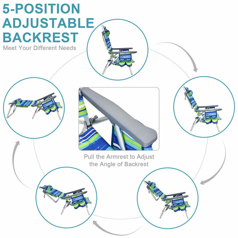 4 Pack Folding Backpack Beach Chairs, 5-Position Adjustable Sling Camping Chairs Reclining Beach Chairs with Head Pillows, Ice Pack, Cup Holder