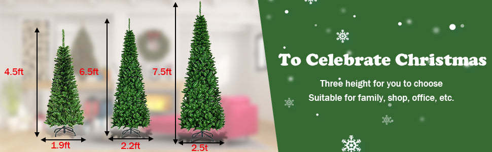 7.5FT Prelit Hinged Pencil Christmas Tree with LED Lights and Solid Metal Stand