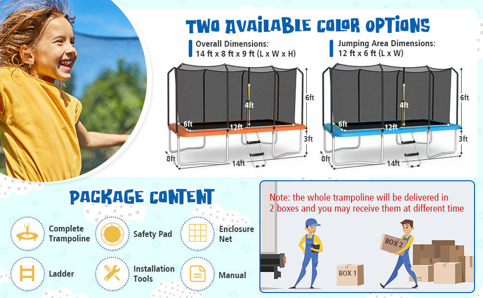 8 x 14FT Outdoor Rectangular Recreational Trampoline with Enclosure Net Non-Slip Ladder for Kids Adults
