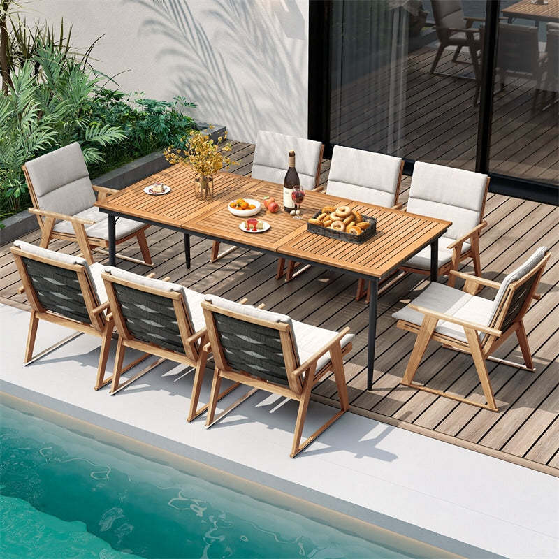 79" Acacia Wood Outdoor Patio Table, 8-Person Rectangular Dining Table w/ 1.9" Umbrella Hole, Metal Frame, Adjustable Foot Pads for Poolside, Backyard