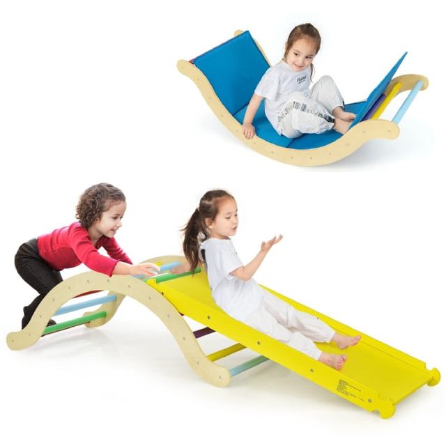 3-in-1 Wooden Montessori Arch Climber Toddler Climbing Toys Climbing Arch Rocker with Ramp & Padding
