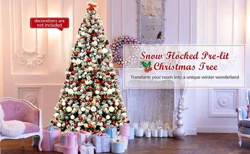 4.5ft Pre-Lit Snowy Artificial Christmas Tree Flocked Xmas Tree with 200 LED Lights & Metal Stand for Holiday Decoration