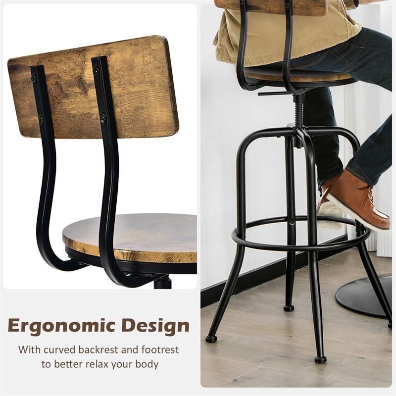 Set of 2 Industrial Bar Stools Adjustable Counter Height Swivel Dining Chairs with Arc-Shaped Backrest