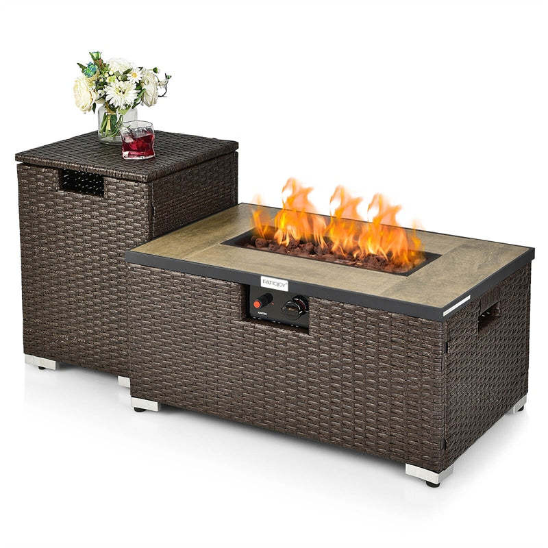2-Piece Rattan Outdoor Fire Pit Table Set with Hideaway Tank Holder, Lava Rocks & Cover, 40,000BTU Wicker Propane Fire Table for Patio, Backyard