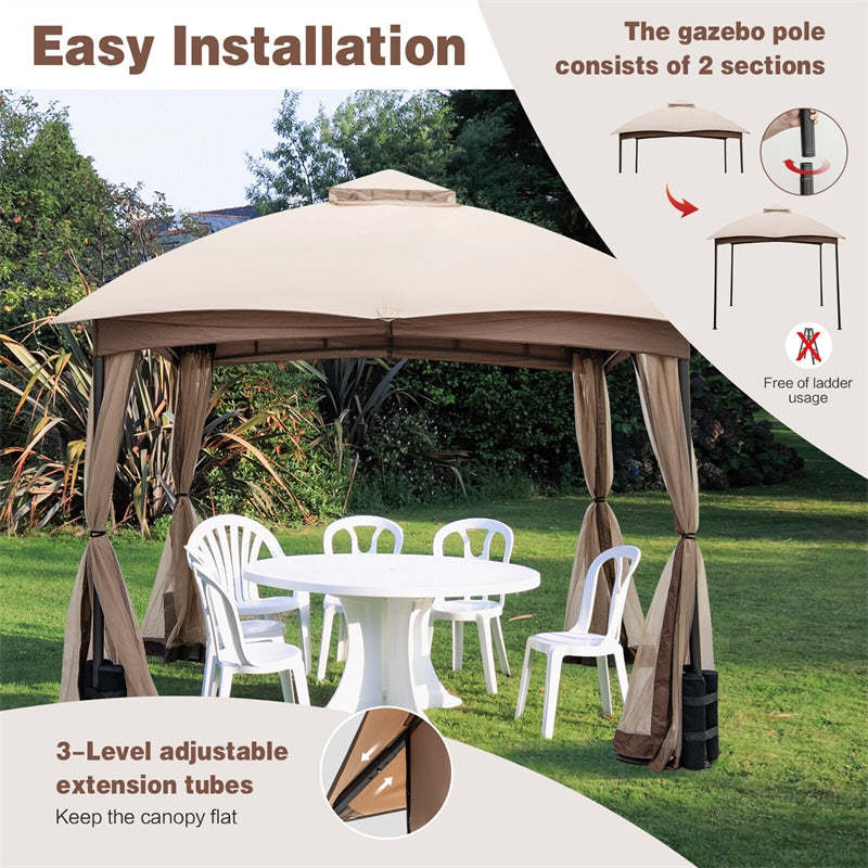 10' x 10' 2-Tier Patio Gazebo Easy-Setup Heavy-Duty Outdoor Canopy Gazebo with Netting & 4 Sandbags