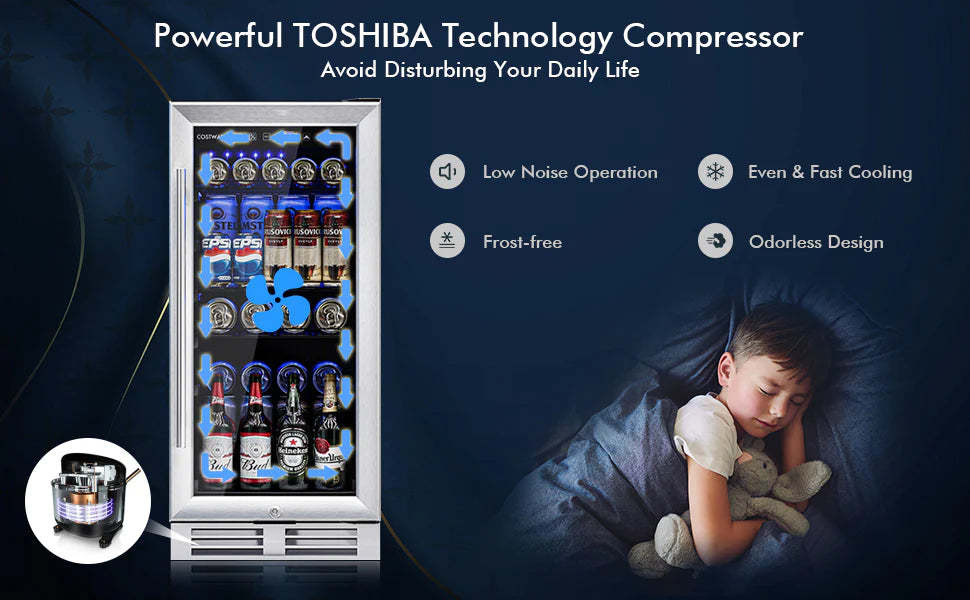 15" Beverage Refrigerator 100-Can Wine Beer Cooler Built-In/Freestanding Mini Drink Fridge with Glass Door & Removable Shelves