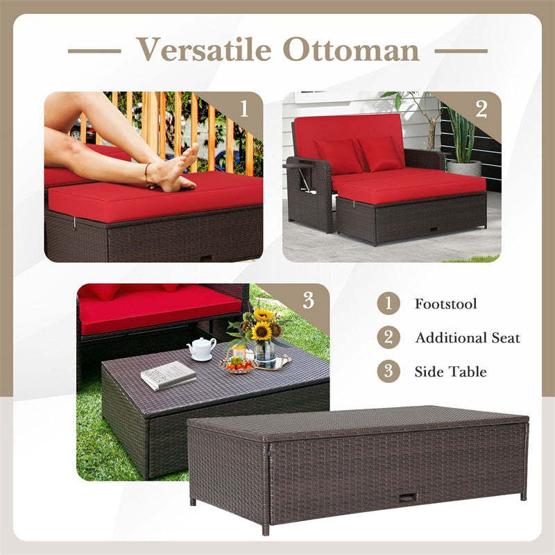 Patio Rattan Daybed Set, Outdoor Wicker Loveseat Sofa w/Multipurpose Ottoman, Retractable Side Tray, 4-Level Adjustable Backrest & Cushions