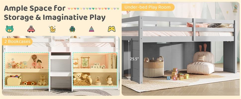 Twin Low Loft Bed for Kids, Wooden Loft Bed with Adjustable LED Lights, Stairs, Safety Guardrail, Storage Bookcase & Under Bed Play Area