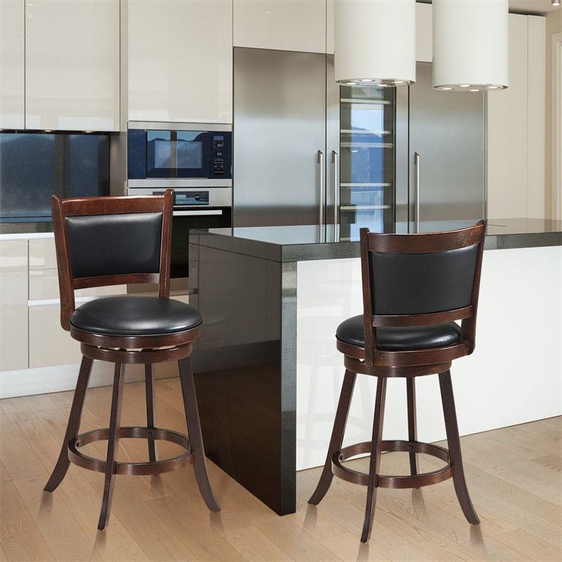 Swivel Bar Stool Set of 2, Rubber Wood 24" Counter Height Bar Stools with PVC Leather Cushioned Seat & Back for Kitchen Island, Pub, Restaurant