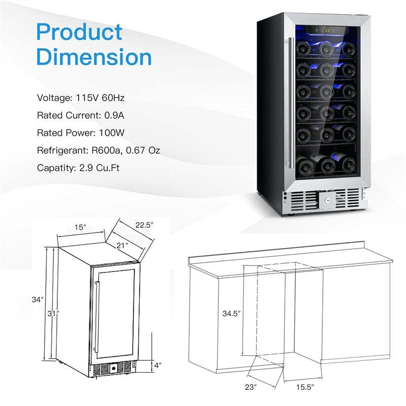 30 Bottle Wine Cooler Refrigerator, 15" Built-in Freestanding Wine Fridge with Glass Door, Removable Shelves, Stainless Steel Wine Cellar for Home Bar