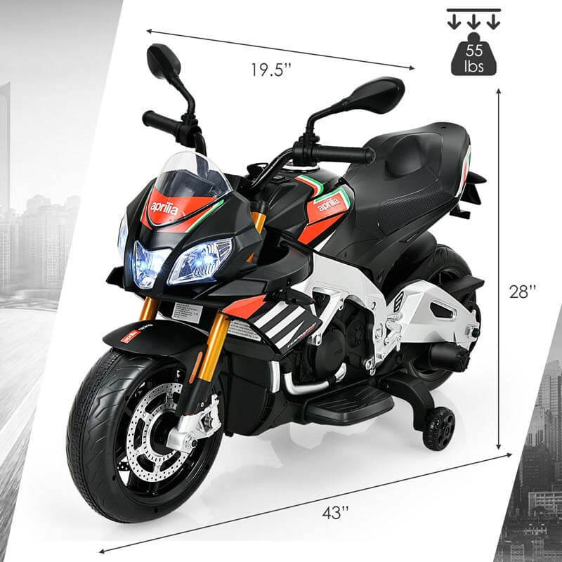12V Kids Aprilia Licensed Electric Toddler Ride-On Motorbike with Training Wheels