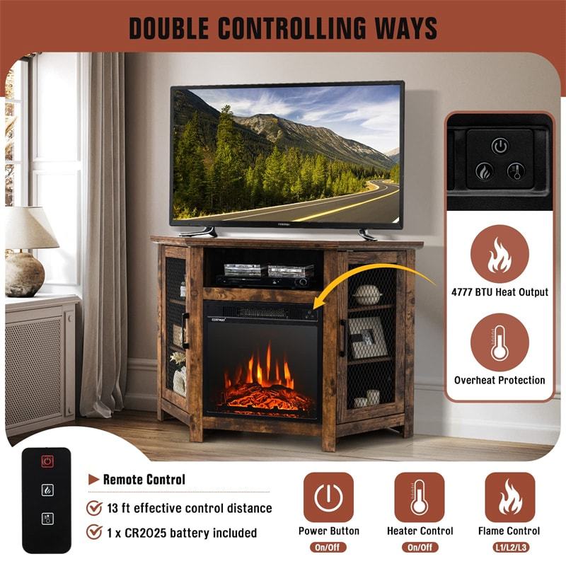 45" Corner Fireplace TV Stand Entertainment Center for TVs up to 50" with 18" Electric Fireplace & Adjustable Shelves