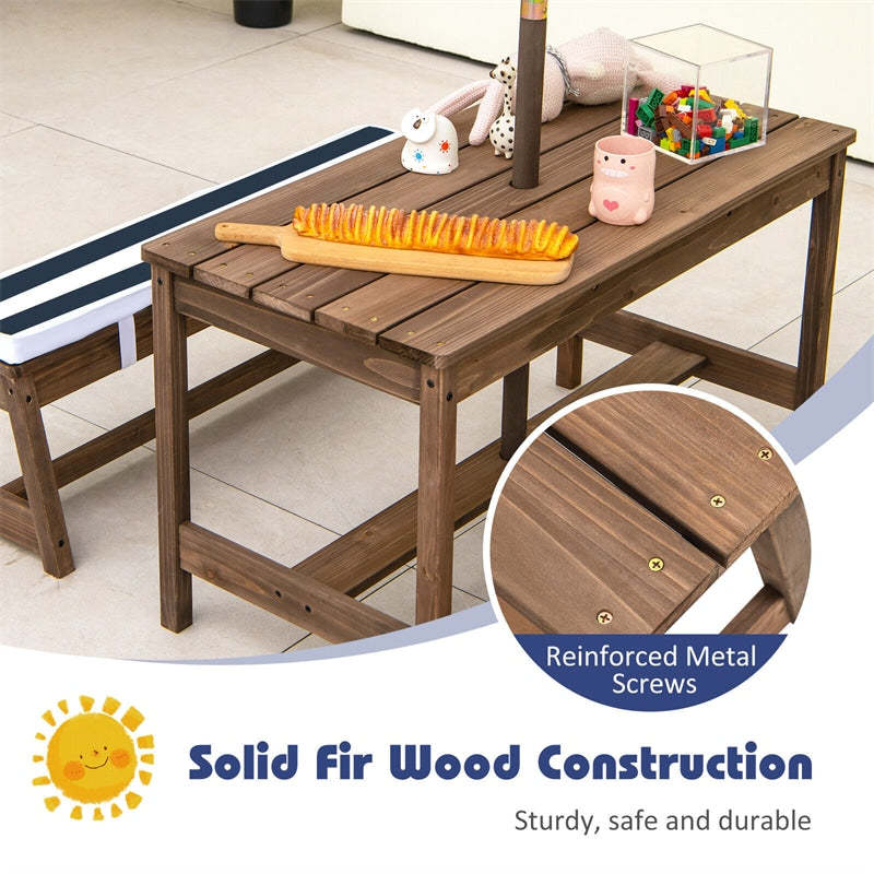 Kids Wooden Picnic Table with Benches, Adjustable Umbrella & Removable Cushion, Outdoor Toddler Furniture Set for Patio Garden Backyard, Ages 3+