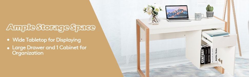 Wooden Home Office Desk White Computer Study Writing Table with Drawer & Cabinet