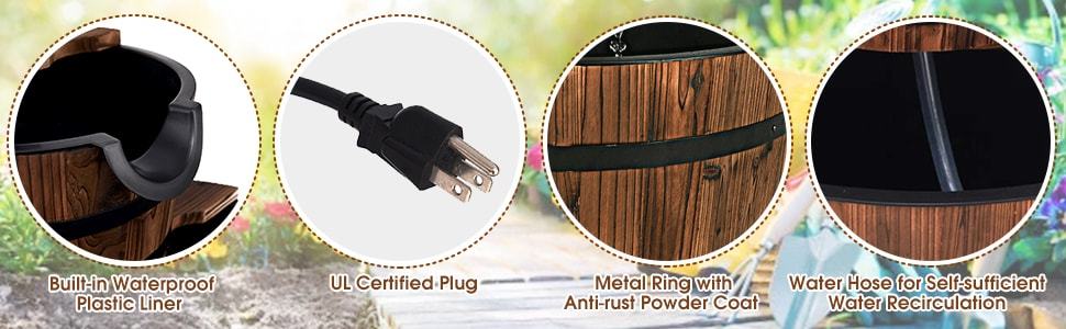 2-Tier Outdoor Barrel Waterfall Fountain with Hand Pump for Garden Backyard