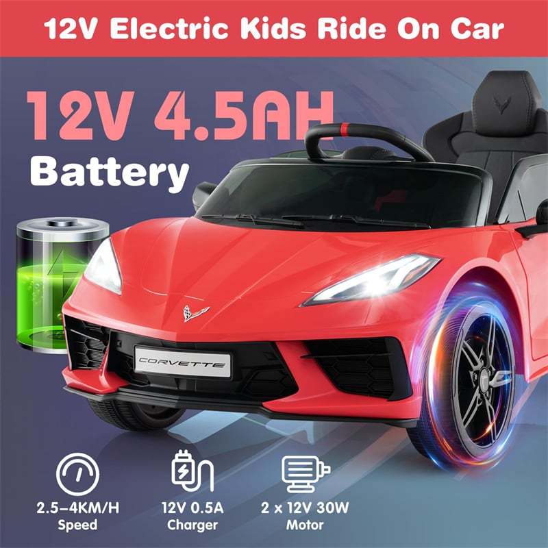 12V Kids Ride On Car Licensed Chevrolet Corvette C8 Electric Toy Car with Remote Control, Wireless Connection, Lights, Gift for Boys & Girls