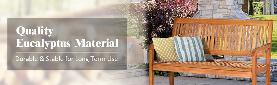 2-Person Outdoor Wood Bench with Curved Backrest & Wide Armrest