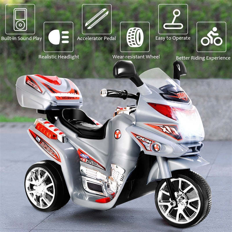 6V Kids Ride-On Motorcycle, Battery Powered 3-Wheel Motorcycle with LED Headlights, Music, Storage Trunk, Electric Motorcycle Toy for Boys/Girls