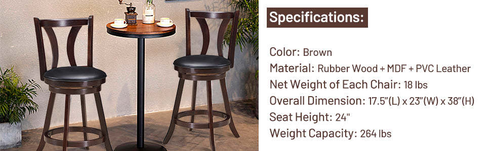 24" 360 Degree Swivel Bar Stools Set of 2 Leather Counter Height Stools with Backs