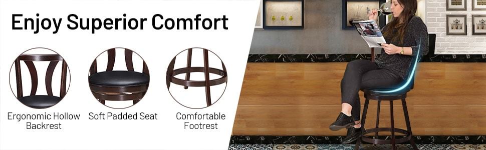 24" 360 Degree Swivel Bar Stools Set of 2 Leather Counter Height Stools with Backs