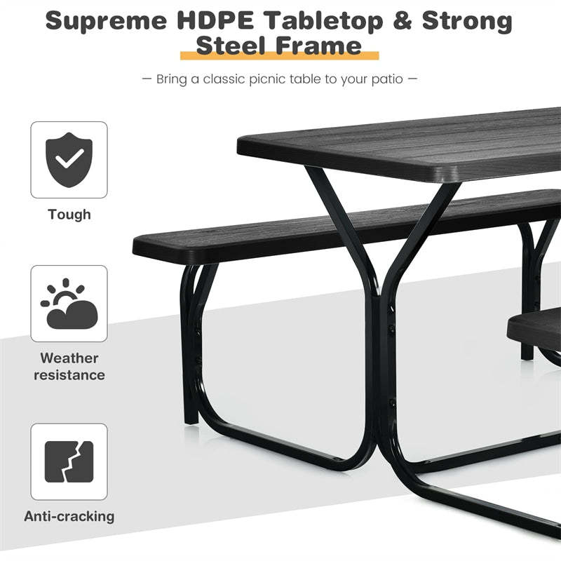 Outdoor Picnic Table Bench Set, All-Weather Metal Frame Camping Table with Built-in Benches & Wood-Like Tabletop for Backyard, Patio, Poolside