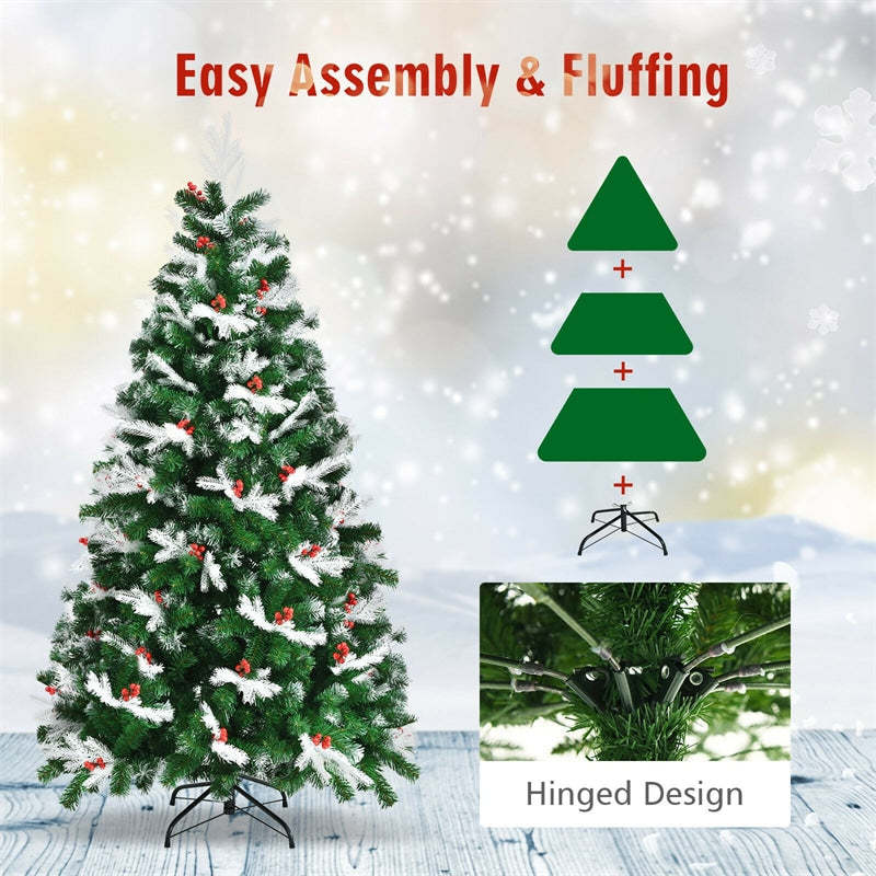 6ft Unlit Snow Flocked Hinged Christmas Tree with Folding Metal Stand