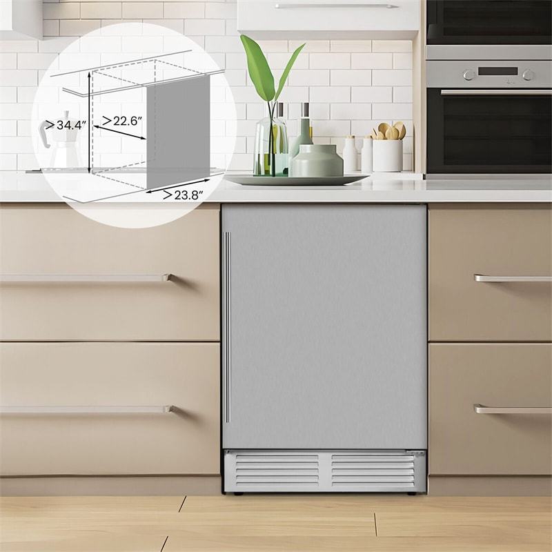 24" Beverage Refrigerator, 190-Can Undercounter Drink Fridge with Stainless Steel Door & Removable Shelves, Built-in or Freestanding for Home Office