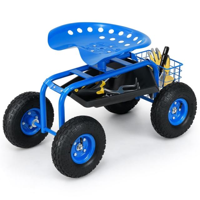 Rolling Garden Cart with 360° Swivel Seat, Tool Basket, Adjustable Height, 300LB Capacity Heavy Duty Gardening Seat for Lawn, Yard Work, Seniors